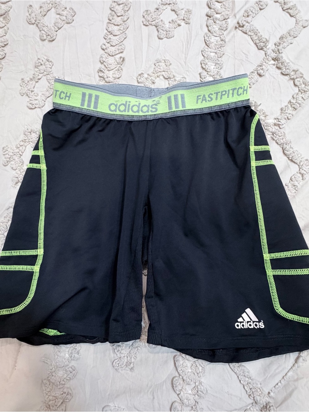 adidas Black Softball Shorts with Neon Green Trim FASTPITCH Waistband